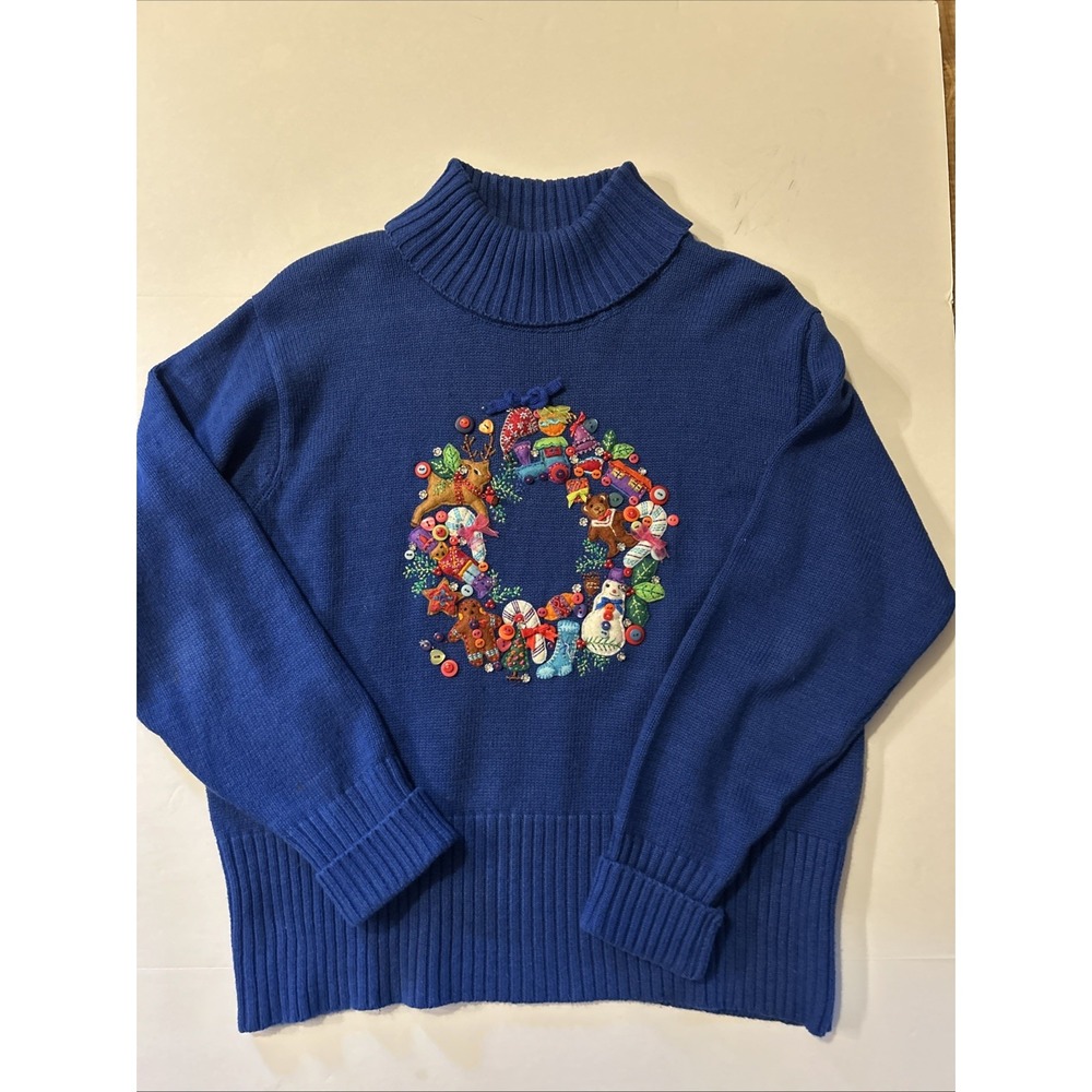 Marissa Christina Christmas Turtleneck Sweater Blue Embellished Wreath Holiday